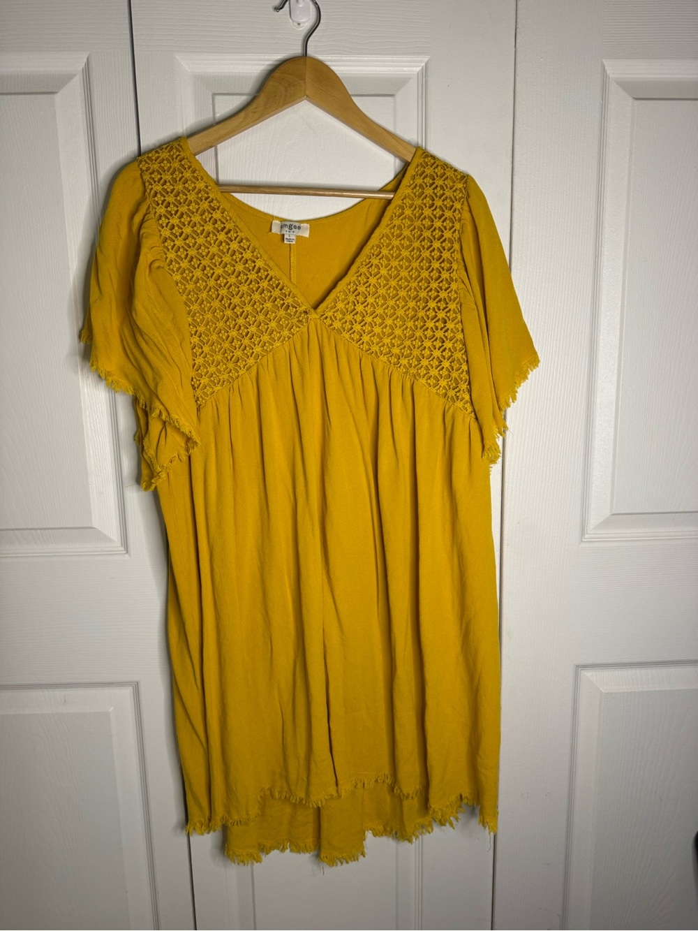 Umgee Mustard Yellow Crochet Yoke V-Neck Tunic